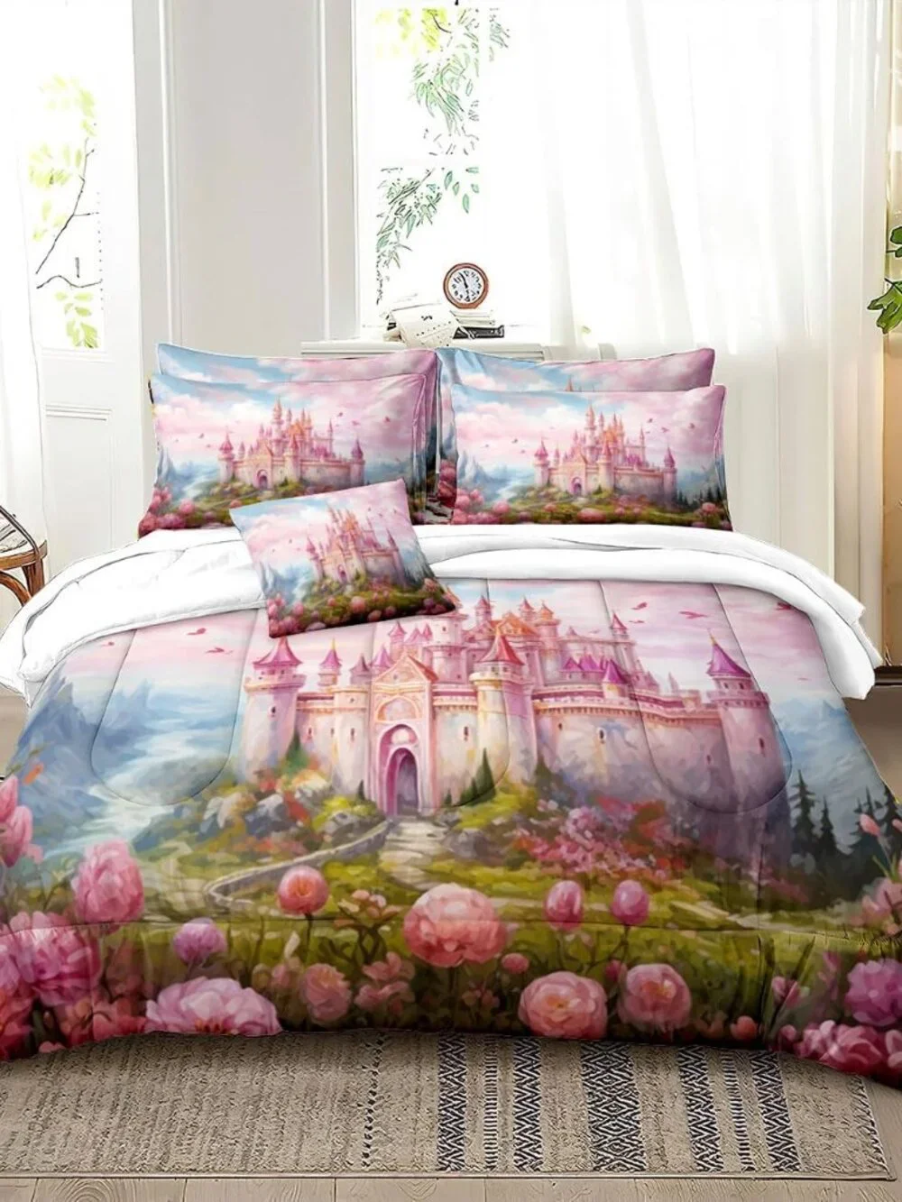 Kids Comforter Set Pink Princess Castle Printed Pattern Quilt Bedding Set with 1